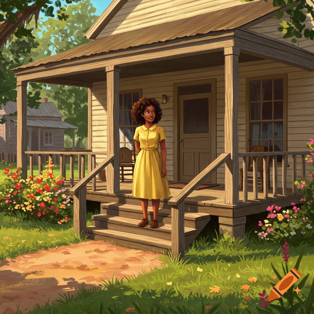 Illustration of a young Black woman in a yellow dress on a house porch.