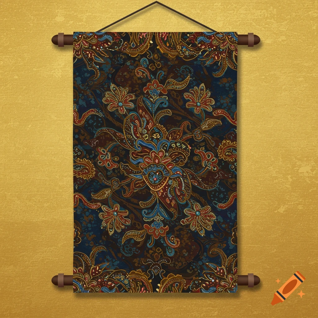 A hanging scroll featuring a colorful Indonesian batik pattern on a gold background.
