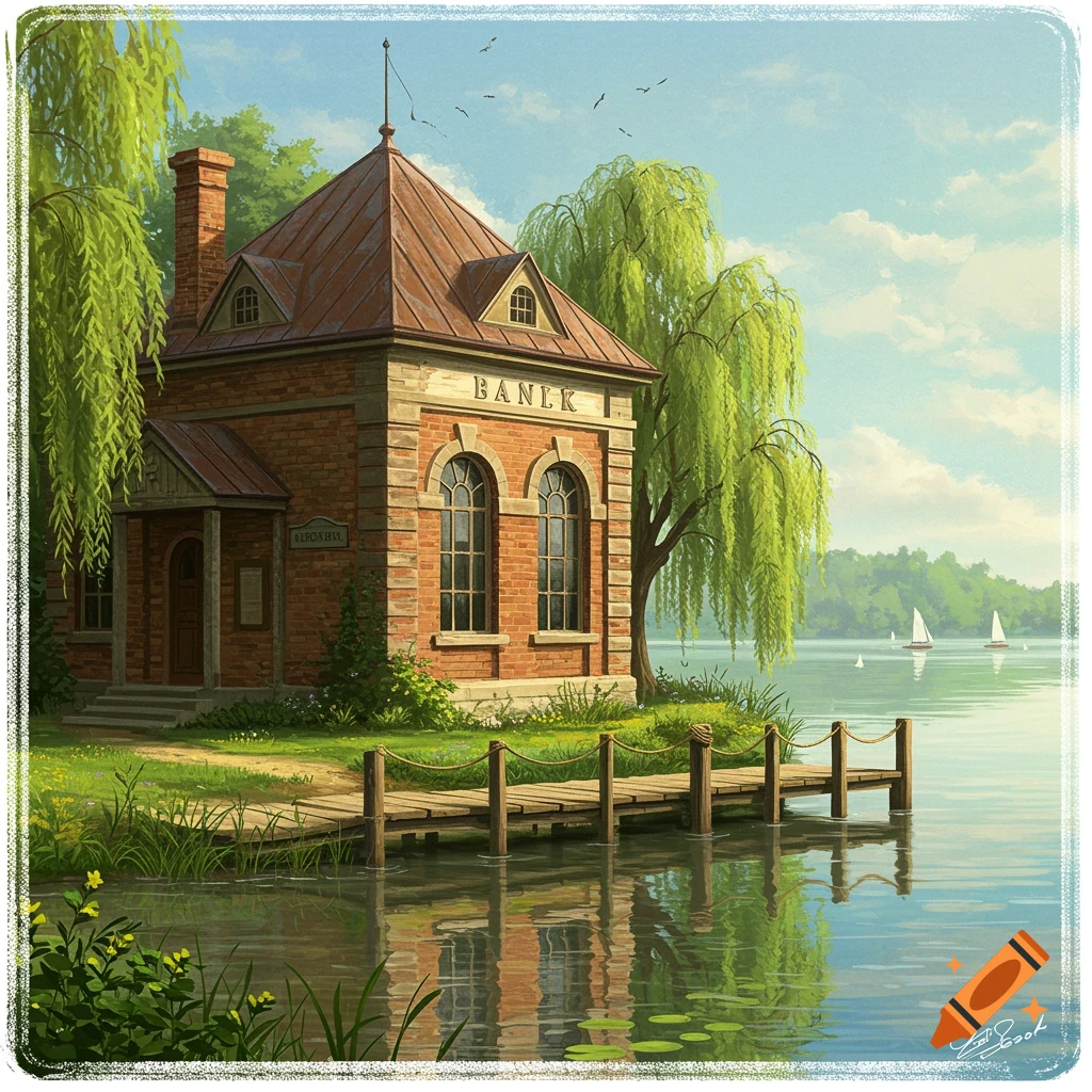 An illustrative painting of a small bank building by a lake with a wooden dock, surrounded by trees.