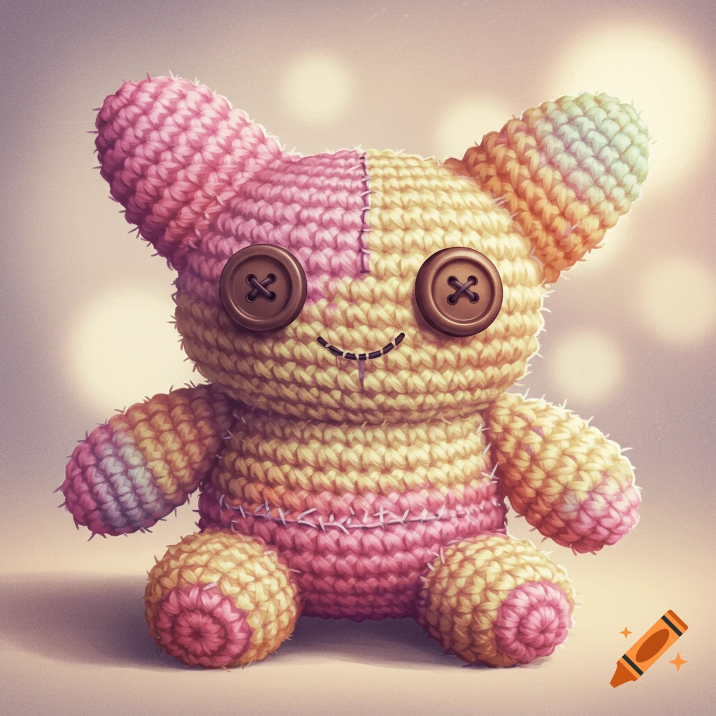 A cute, colorful crocheted plush toy with button eyes and a stitched mouth.