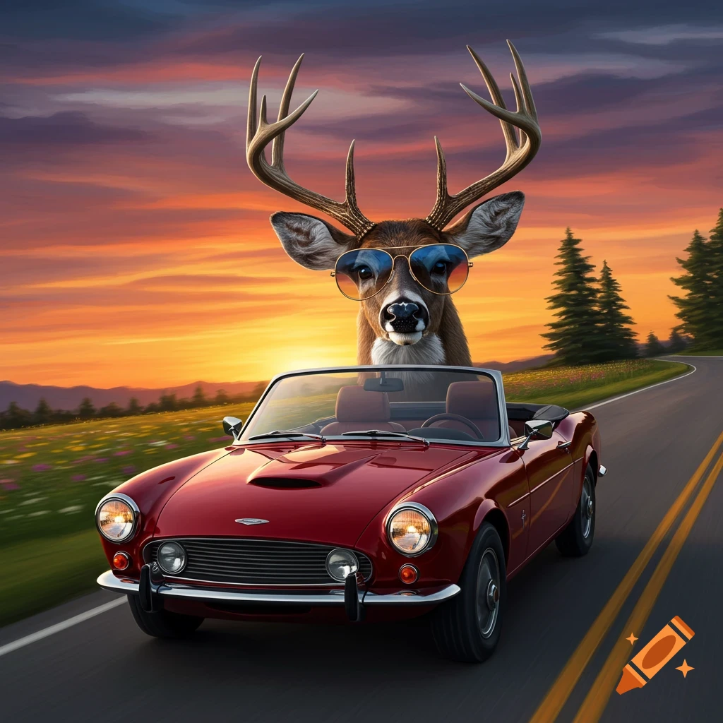 A deer wearing sunglasses drives a red convertible sports car down a road at sunset.