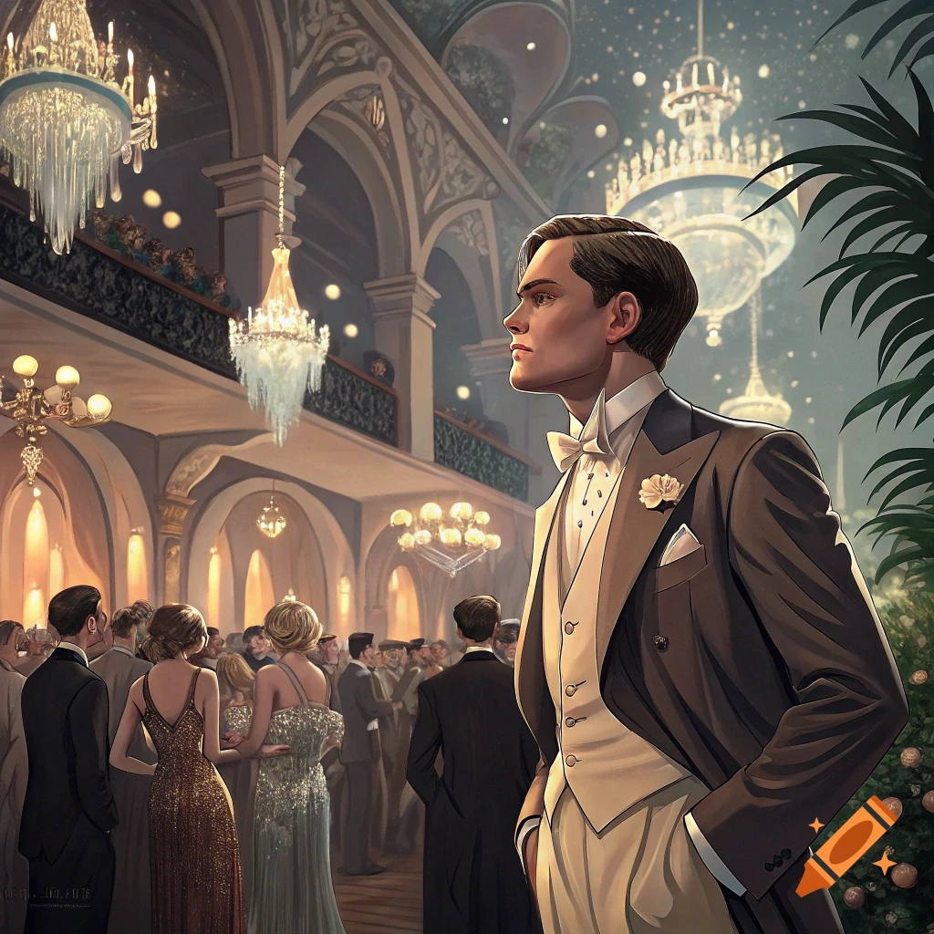 Illustration of a man in a tuxedo at a formal party in a grand hall.