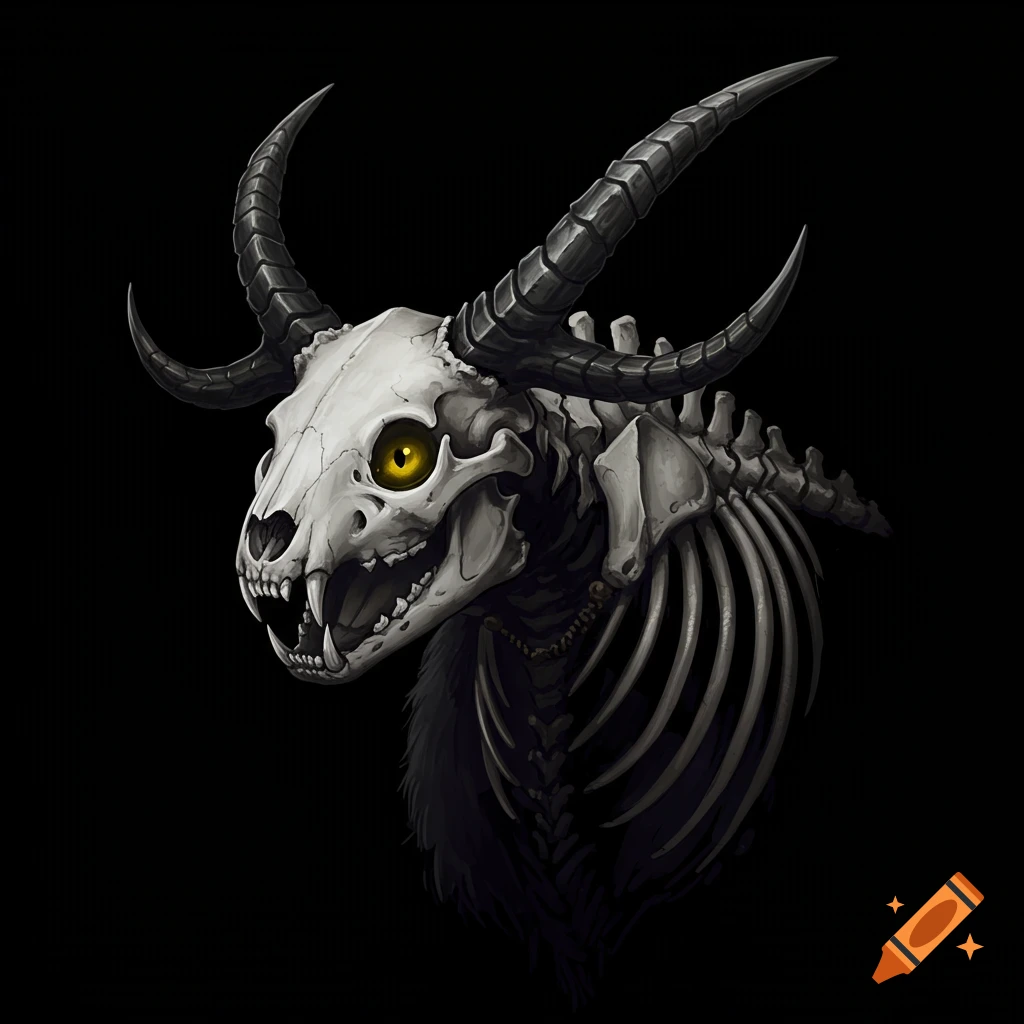 Illustration of a skeleton creature with a cat skull, bear ribs, and horns, with a single yellow eye.