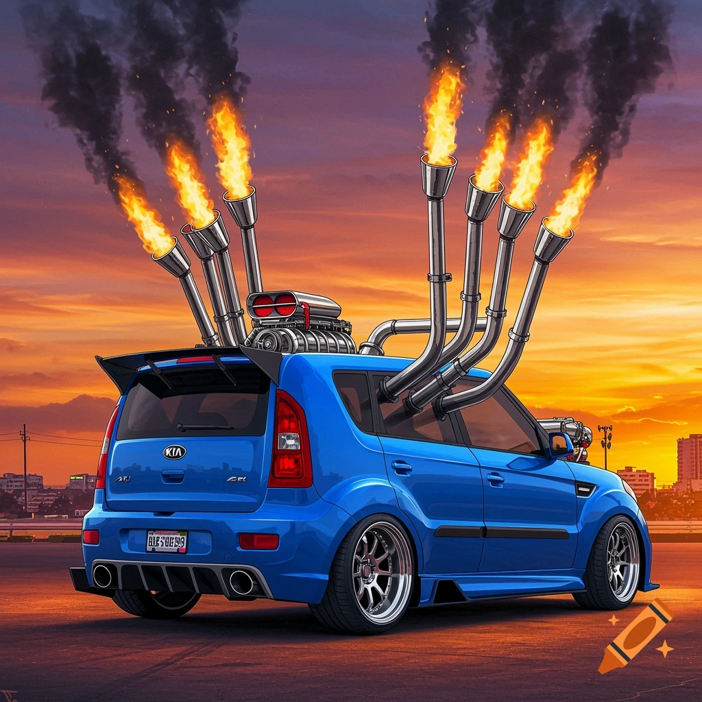 Modified blue Kia Soul with many exhaust pipes shooting flames, large engine on roof, against an orange sunset.