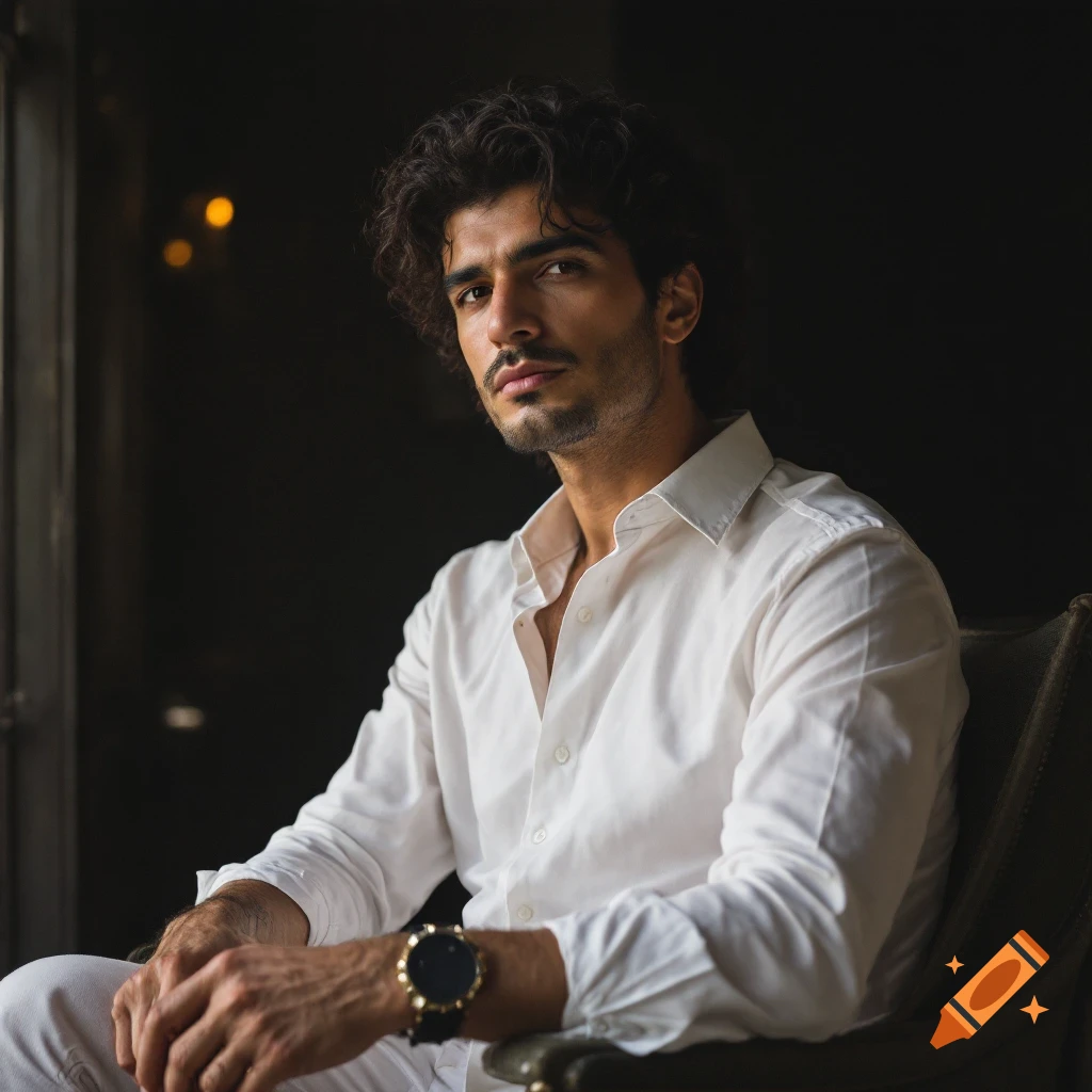A man in a white shirt sits looking at the camera in a dark, dramatic setting.
