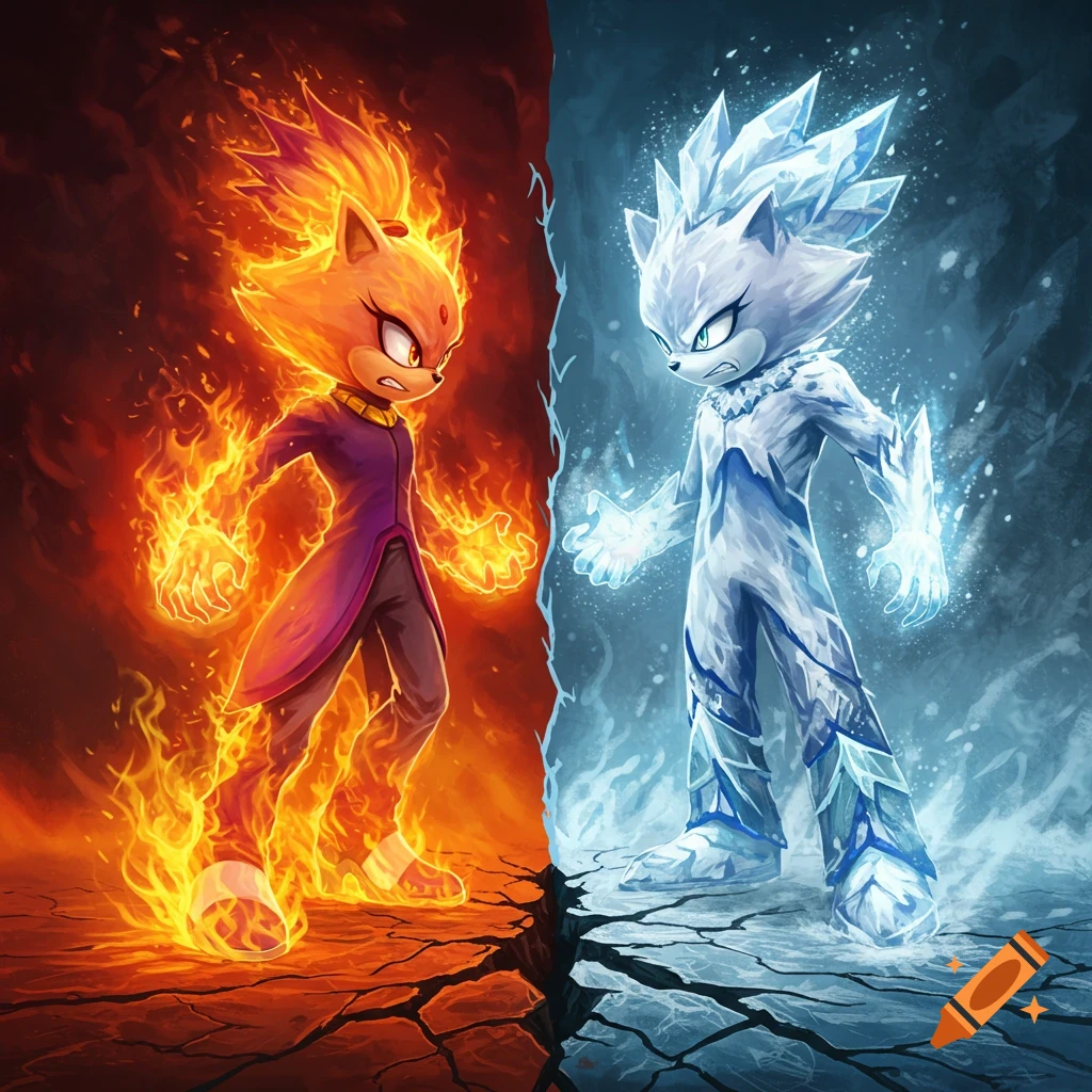 Fire character Blaze vs. ice character Frost in an anime-style elemental battle on cracked ground.