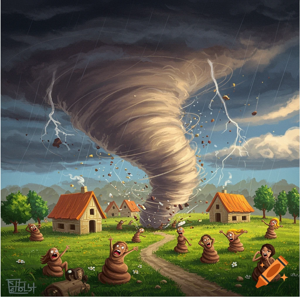 A cartoon illustration of a tornado hitting a village, with stylized brown figures in panic.