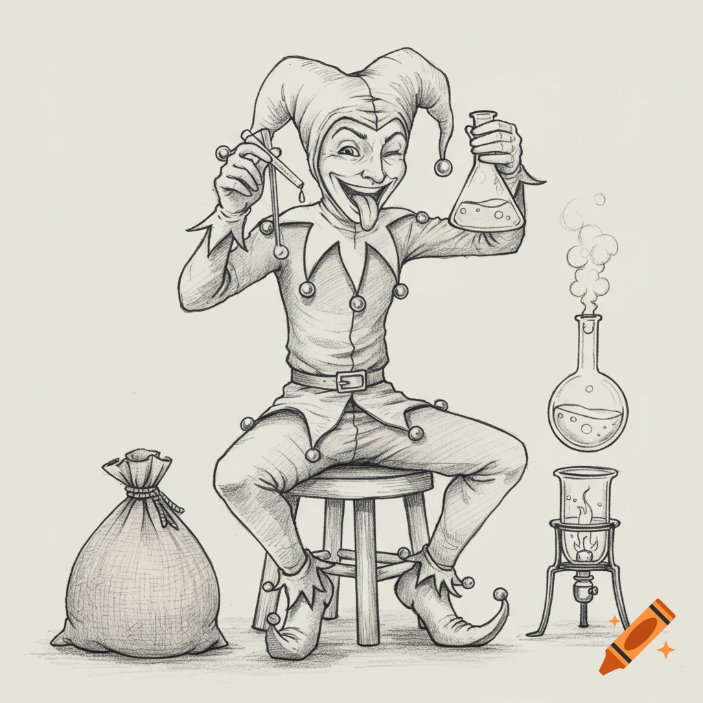Pencil sketch of a jester doing chemistry with flasks, test tube, and a bubbling flask over a flame, sitting on a stool.
