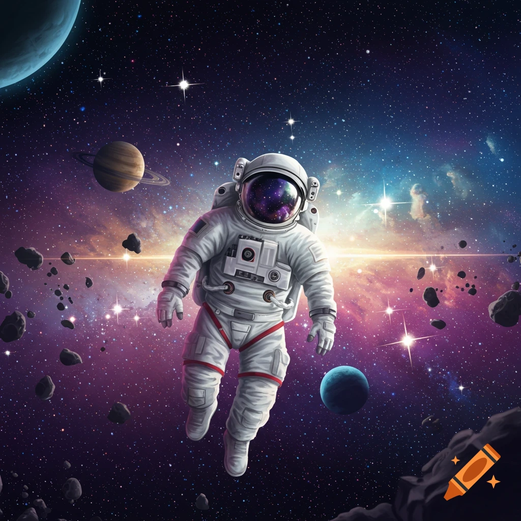 Illustration of an astronaut floating in space with planets, stars, and asteroids.
