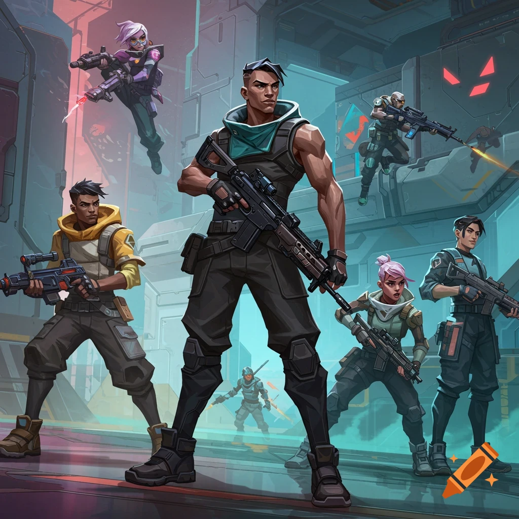 Stylized futuristic characters with guns in a sci-fi setting.