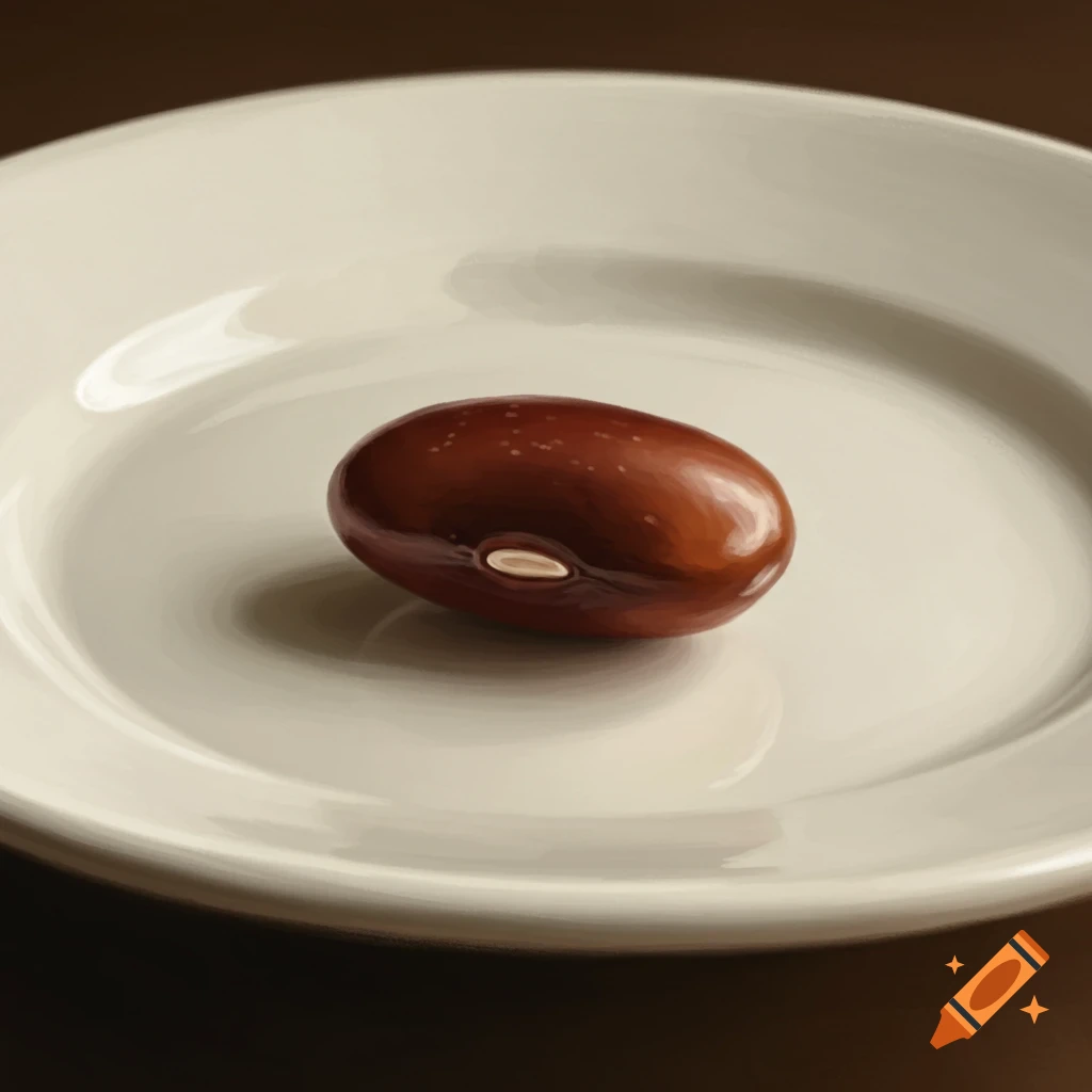 A single brown bean rests on a white plate, painted style.