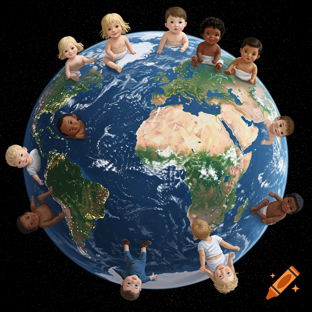 Illustration of diverse babies floating around planet Earth in space.