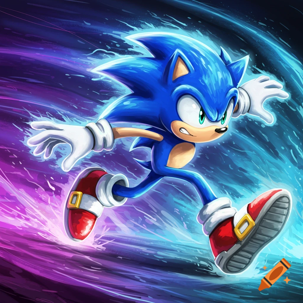 Sonic the Hedgehog running with blue and purple motion blur and energy effects.