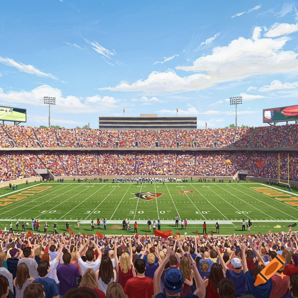 Large football stadium packed with cheering fans watching a game, illustrated style.