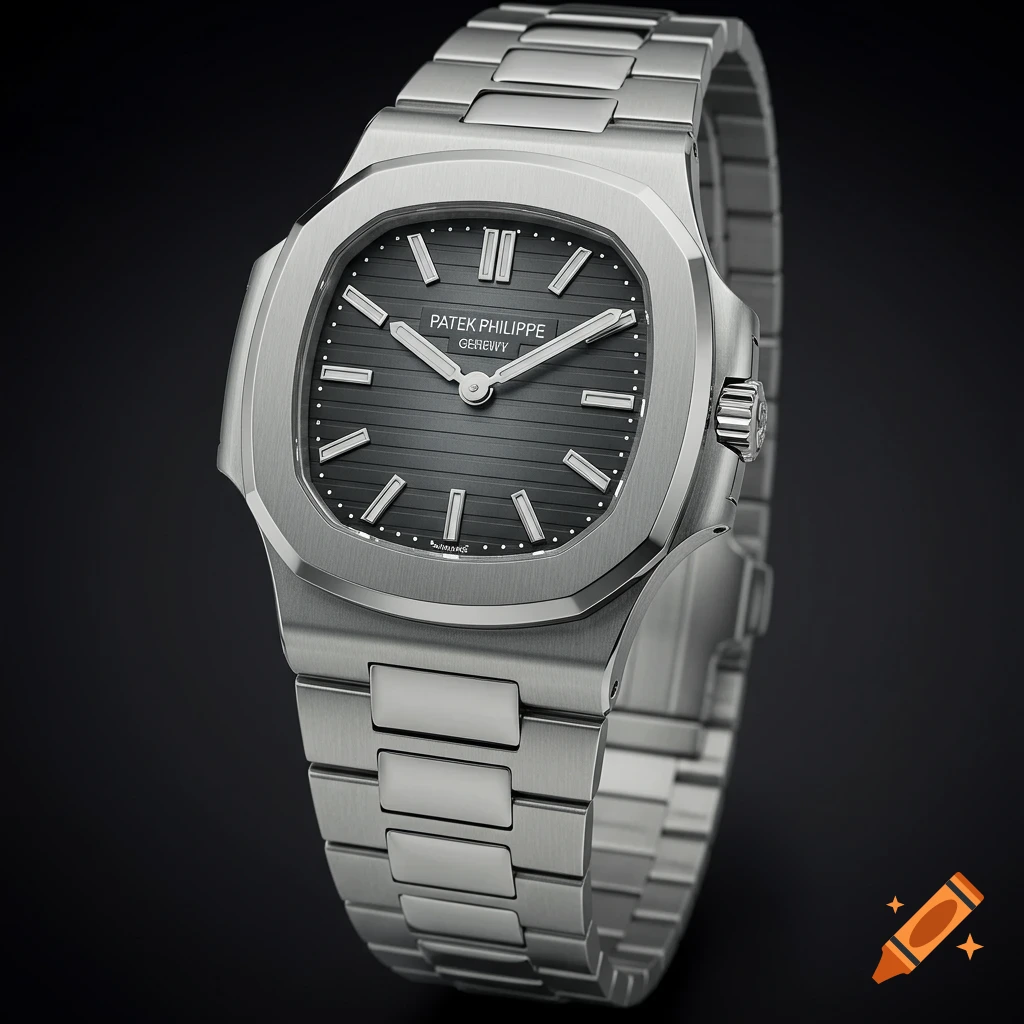 Close-up of a silver luxury watch with a dark gray dial