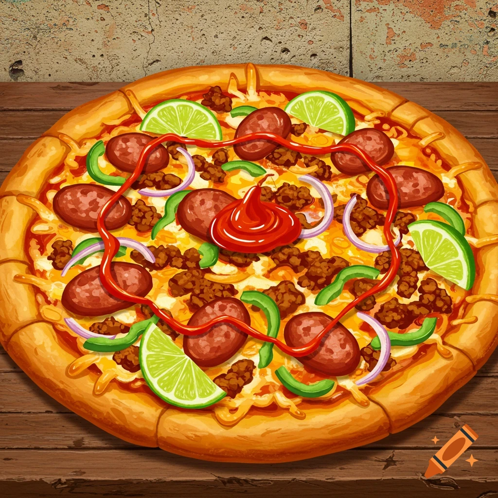 Illustration of a pizza with toppings including sausage, ground meat, peppers, onion, and lime on a wooden table.