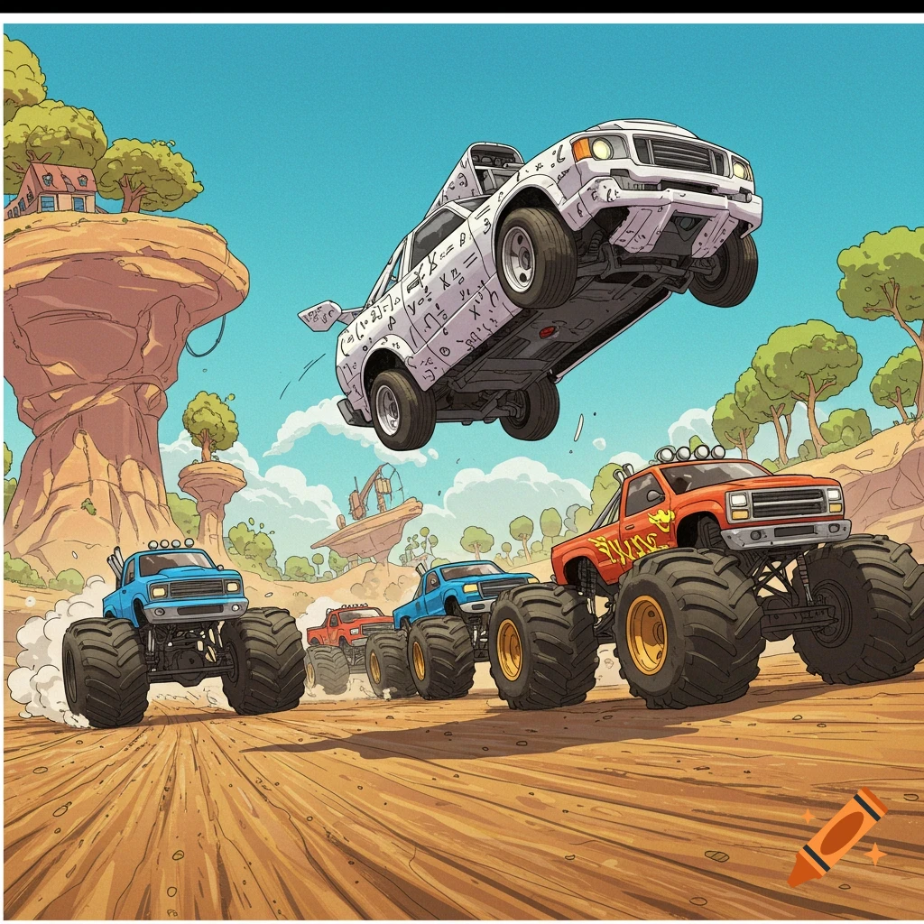 Car flipping over monster trucks on craiyon