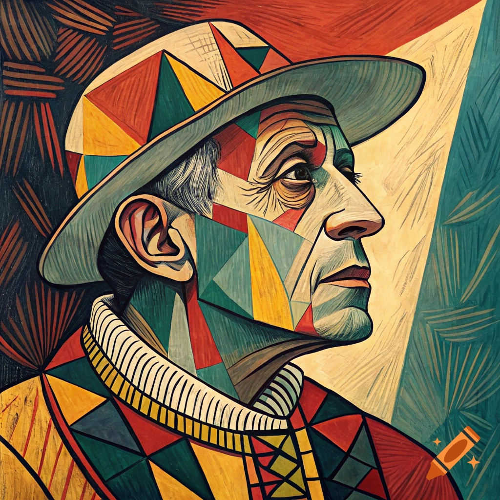 Cubist portrait of a man in a hat, profile view, geometric shapes and bold colors.