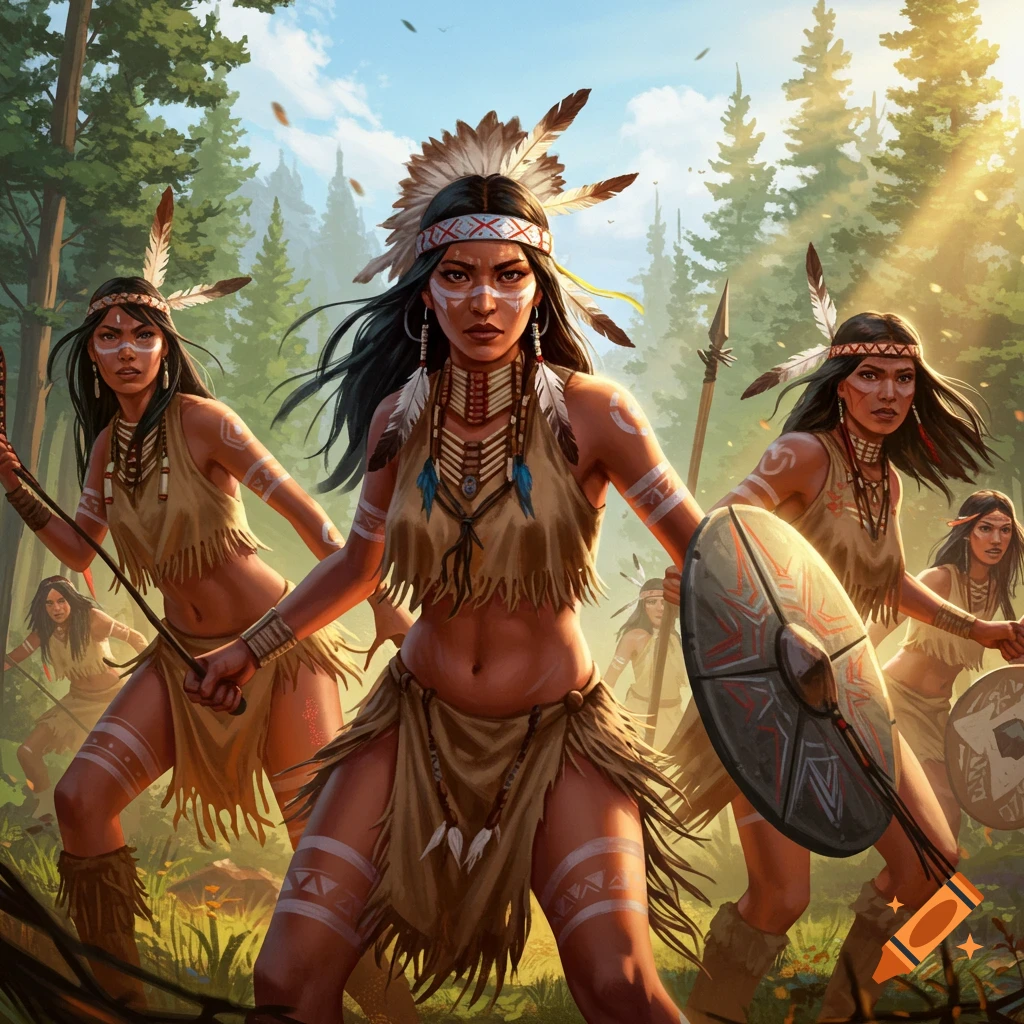 A group of women warriors in tribal attire stand in a sunlit forest with spears and shields, digital art.