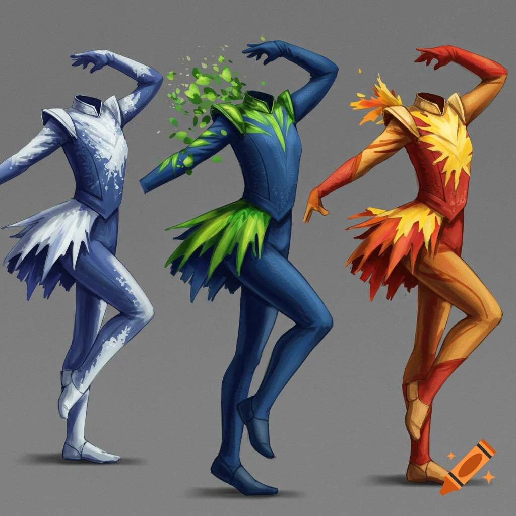 Three headless figures in color guard costumes representing winter, spring, and autumn.