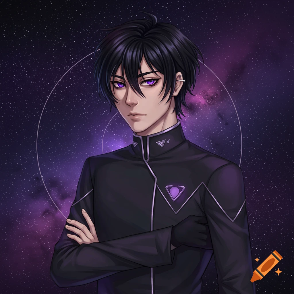 Anime portrait of a man with black hair and purple eyes in a black jacket against a starry background.