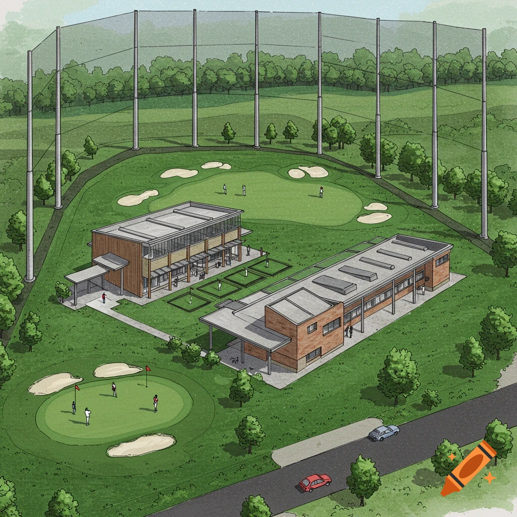 Architectural sketch of a college golf facility with practice greens, driving range, and buildings.