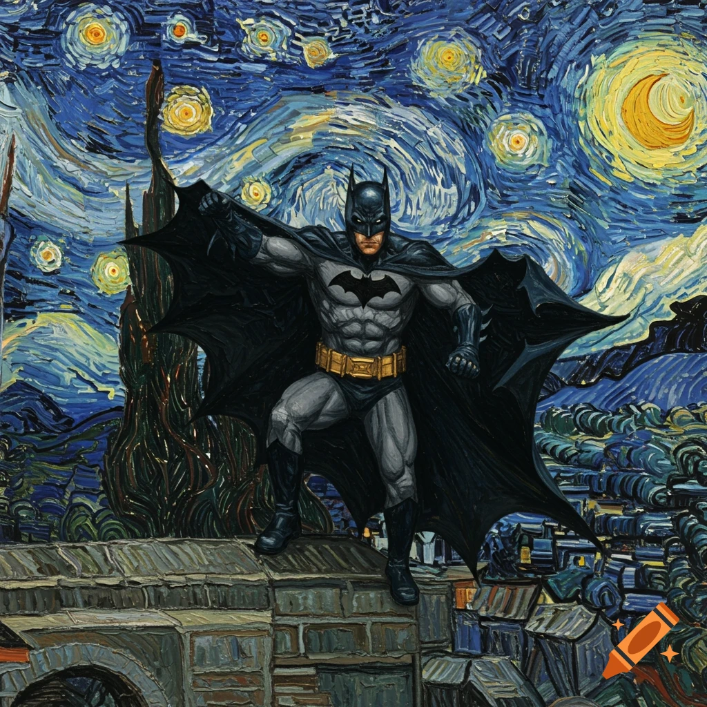 Batman stands on a ledge overlooking a city under a starry night sky in the style of Van Gogh.