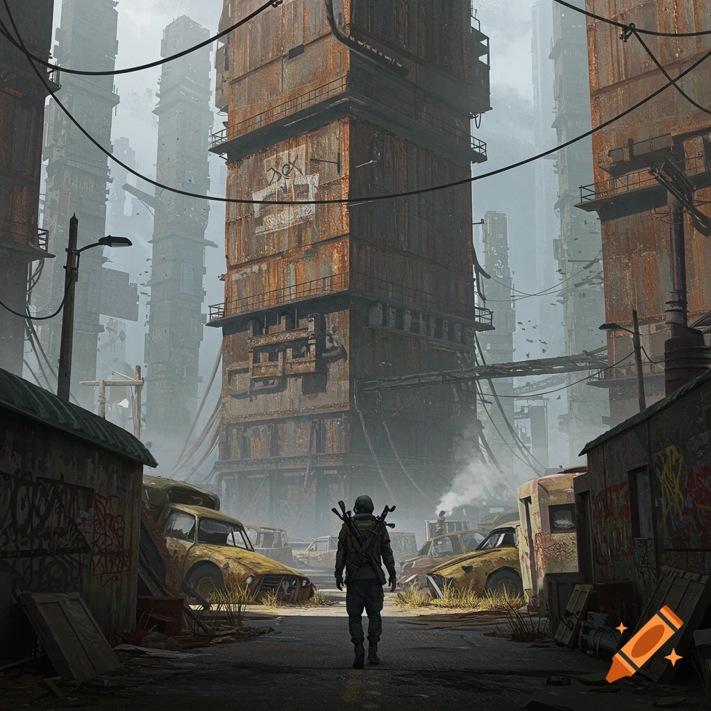 A figure stands on a road looking at tall, rusty buildings in a dystopian city with abandoned cars.