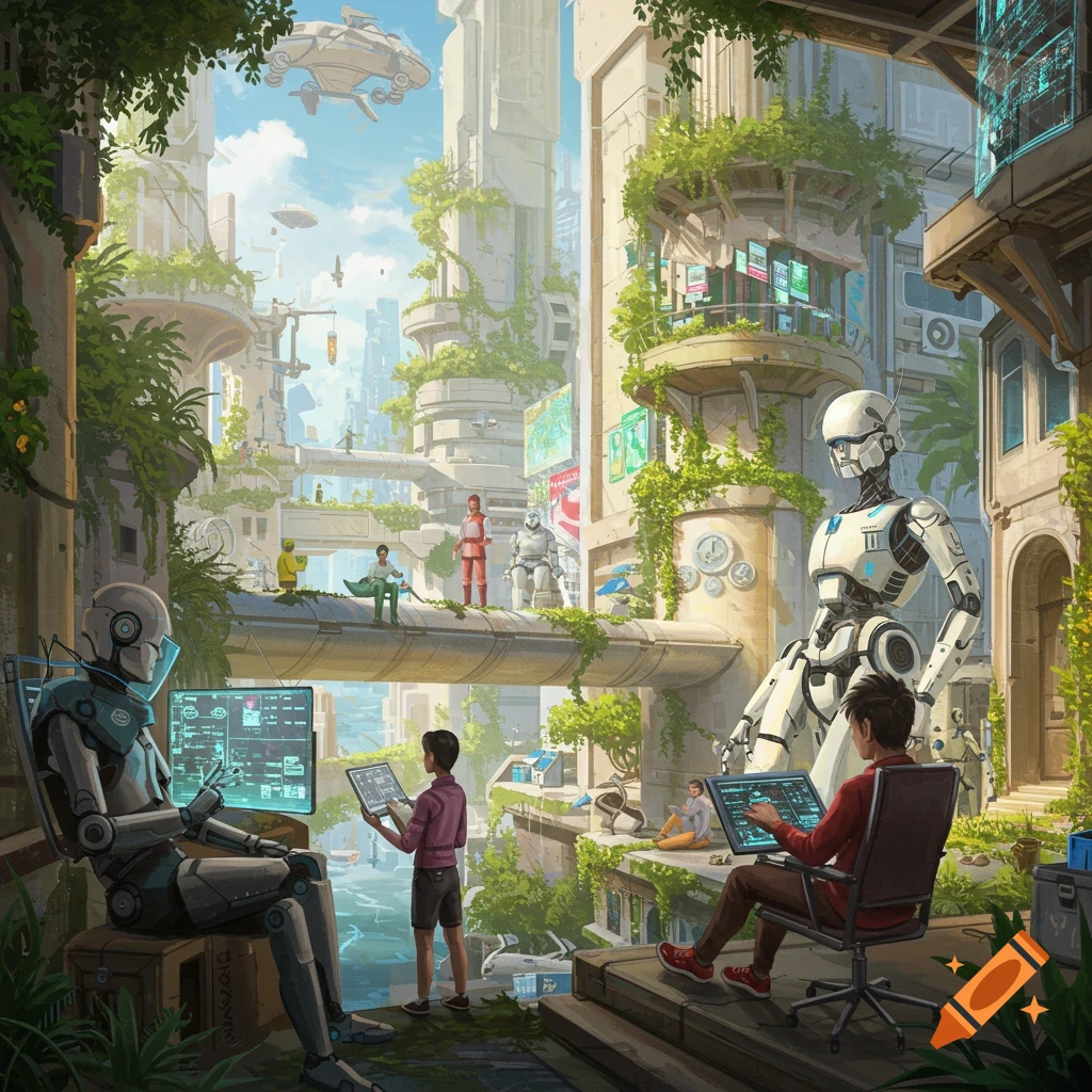Sci-fi cityscape with humans and robots peacefully coexisting among lush, futuristic buildings and technology.