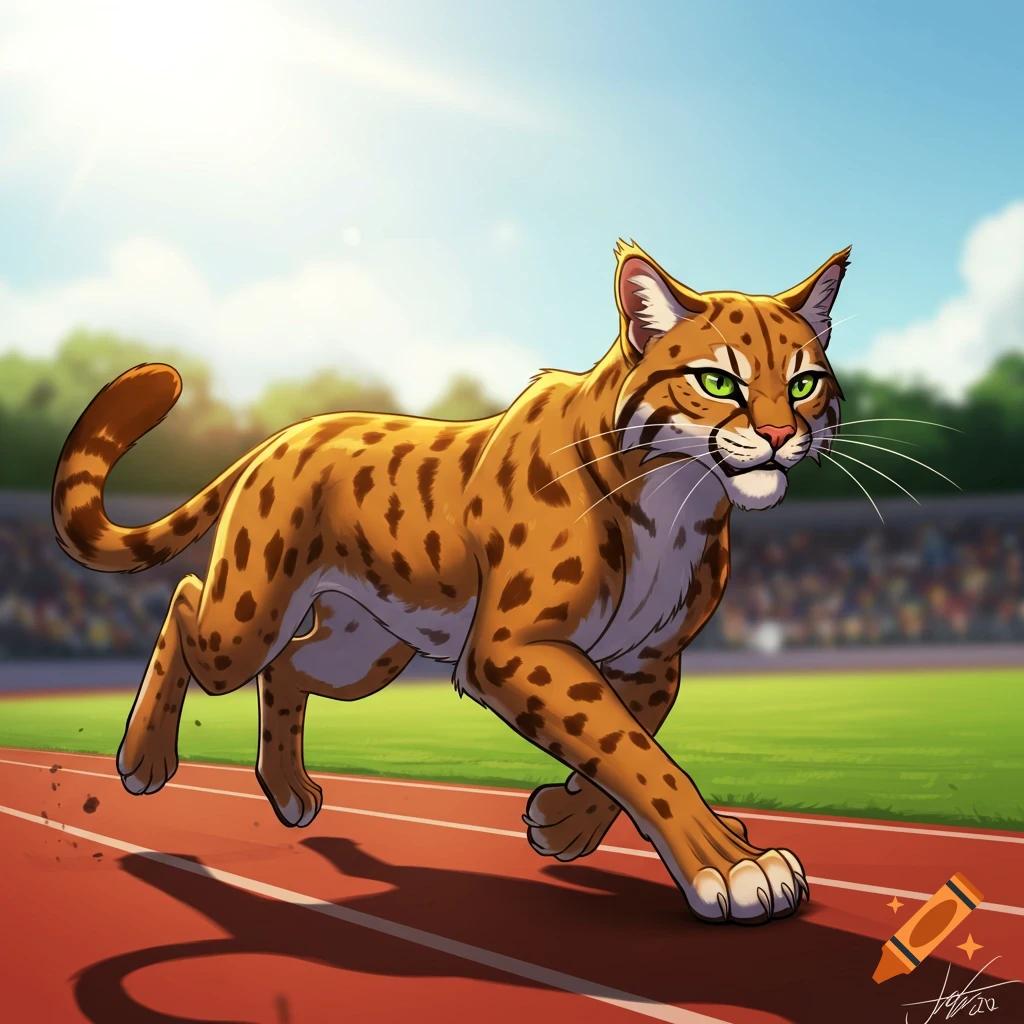 A cartoon wildcat runs on a red track under a sunny sky. Stadium seating is visible in the background.