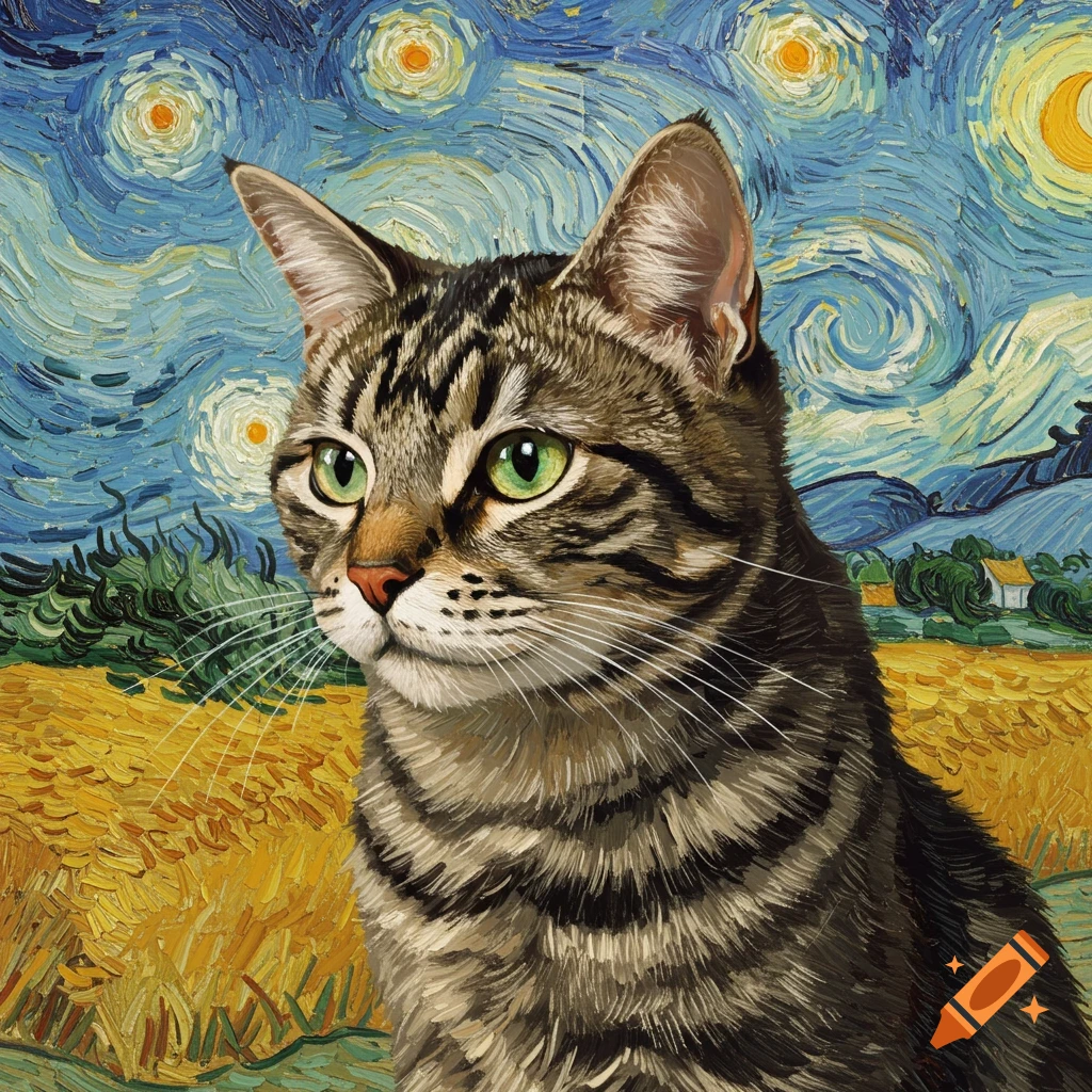 A tabby cat sits in a landscape painted in the style of Van Gogh.
