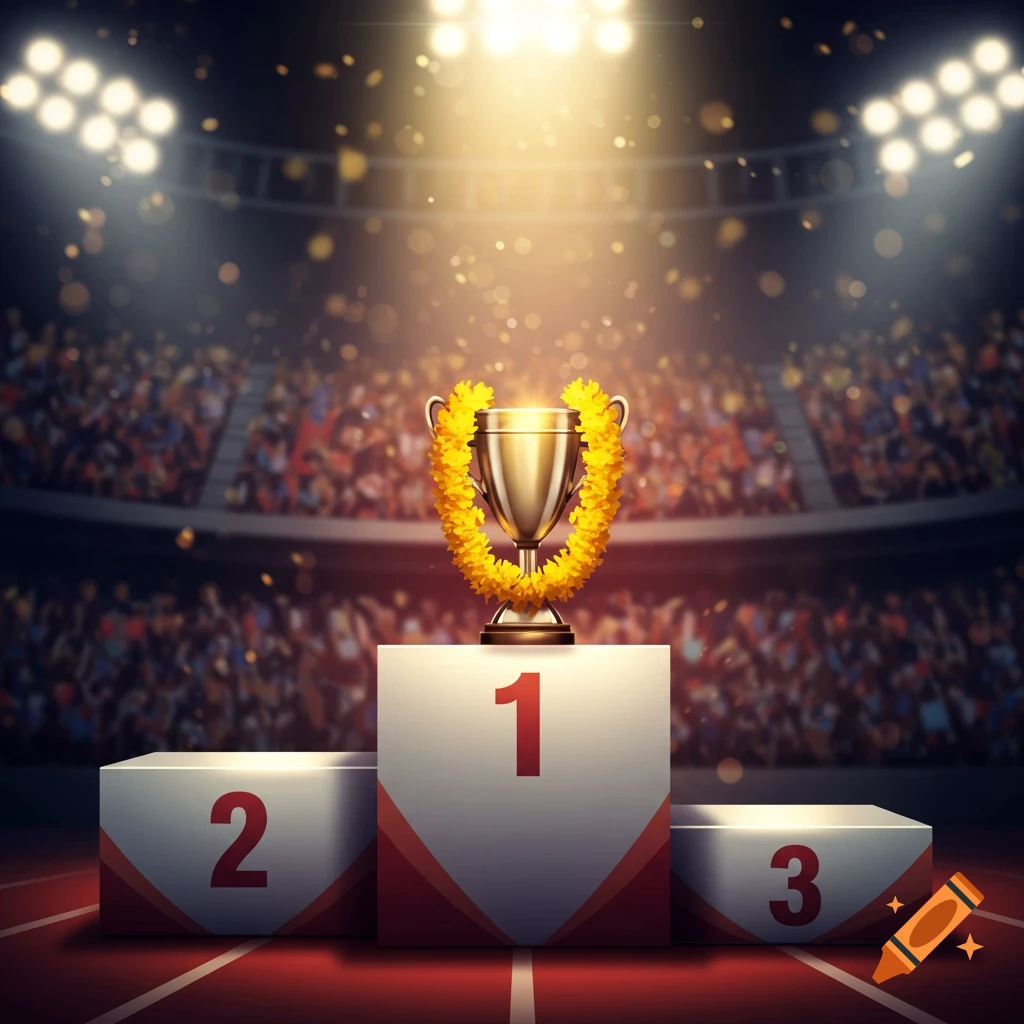 Gold trophy on a victory podium marked 1, 2, 3 in a stadium with crowd and lights.