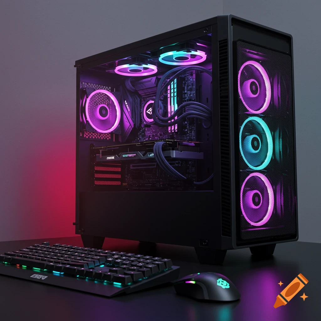 A gaming PC setup with a desktop computer case displaying RGB fans, a keyboard, and a mouse.