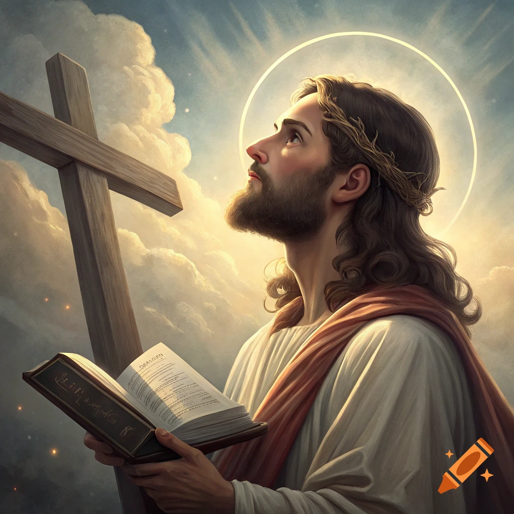 Illustration of Jesus looking up at a cross and light, holding an open book.