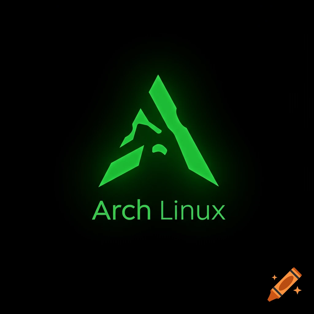 A glowing green Arch Linux logo with the text 'Arch Linux' below it on a black background.