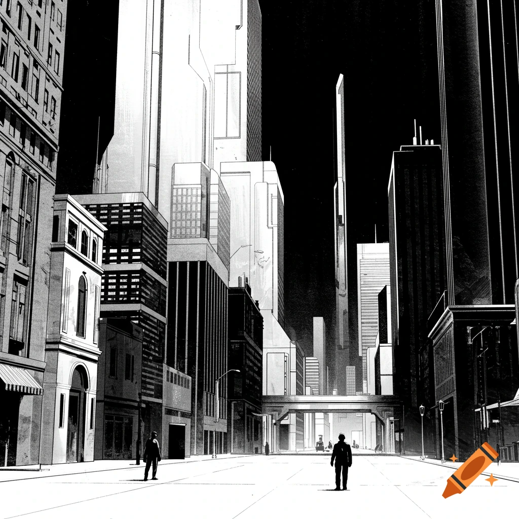 Black and white illustration of a city street with tall buildings and figures.