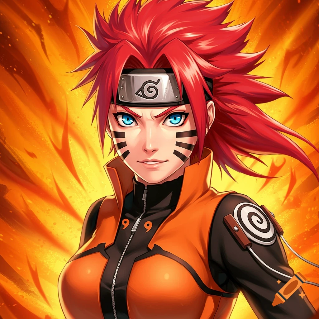 Anime portrait of a female character with red spiky hair, blue eyes, and whisker marks, wearing an orange and black jacket, against a fiery background.