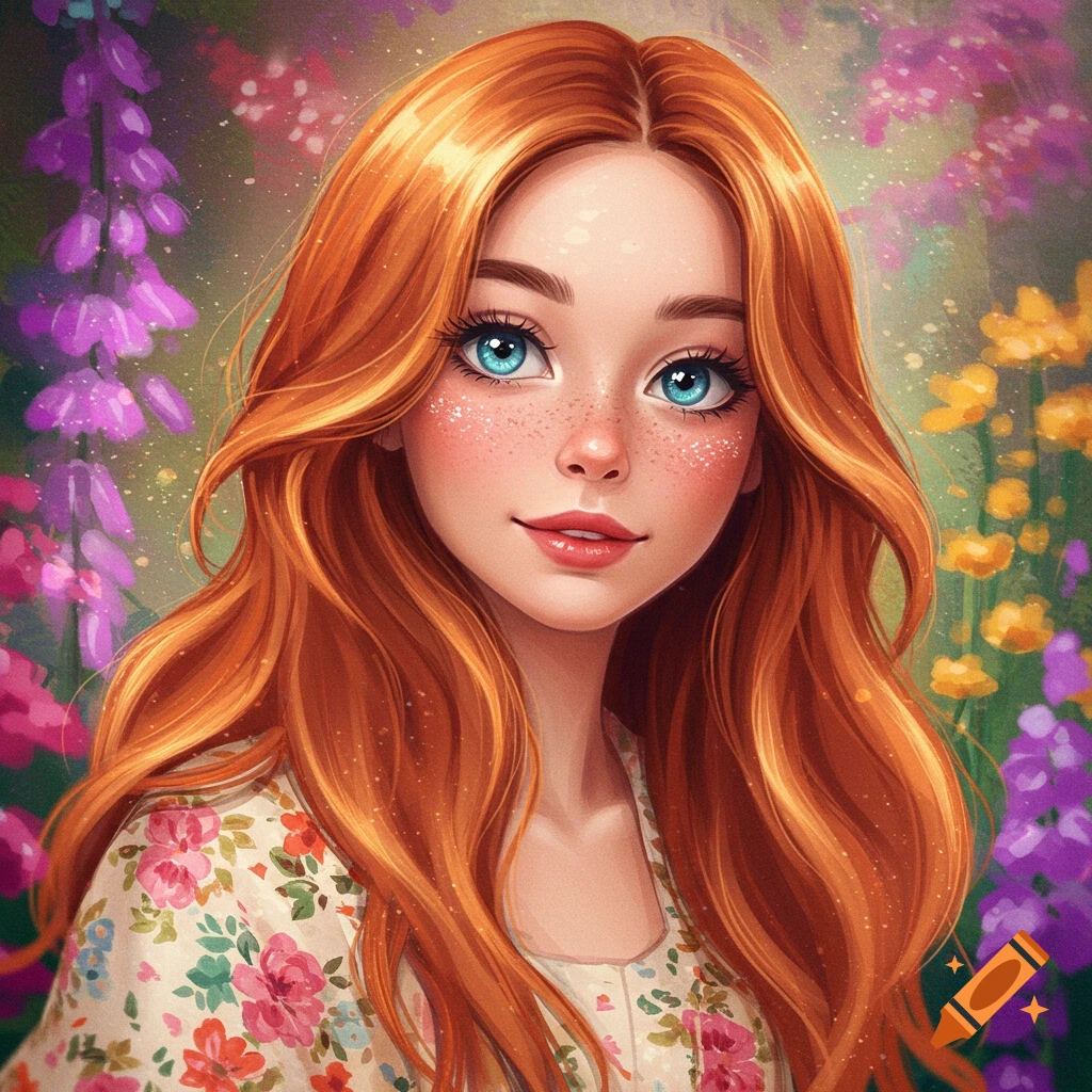 Illustrated portrait of a girl with reddish hair and blue eyes in a floral garden.