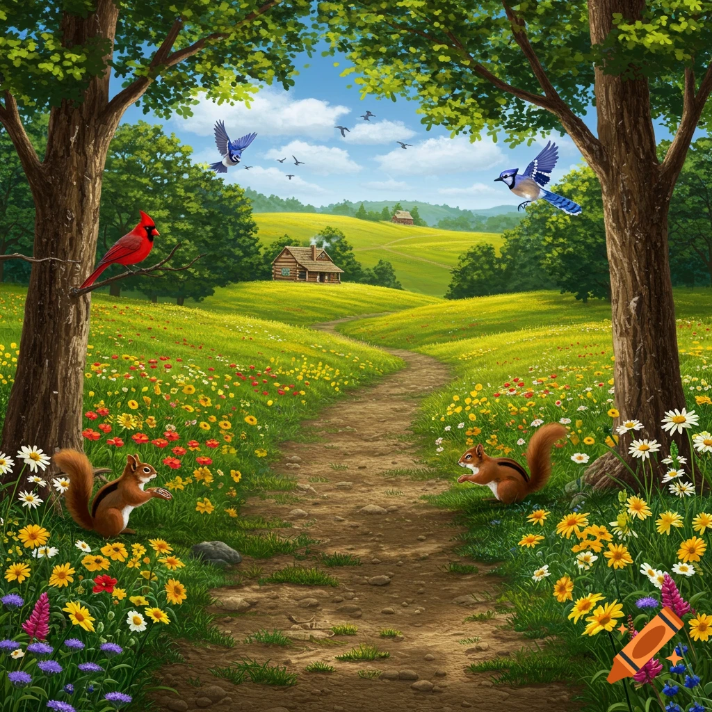 A dirt path through a sunny wildflower meadow leads to a log cabin, with trees, squirrels, a cardinal, and blue jays.