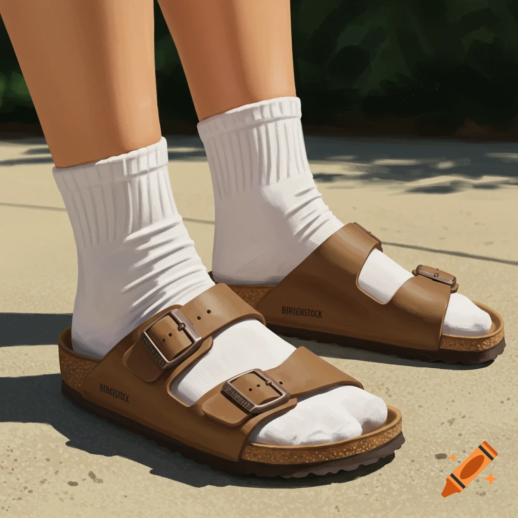 Close-up painting of feet wearing white socks and brown Birkenstock sandals on a concrete path.