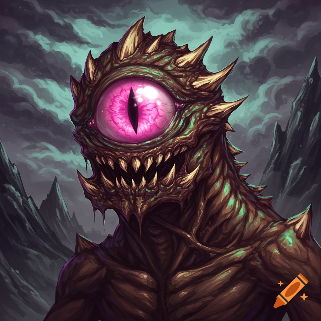 A fearsome fantasy monster with a large pink eye and sharp teeth stands in a rocky landscape.