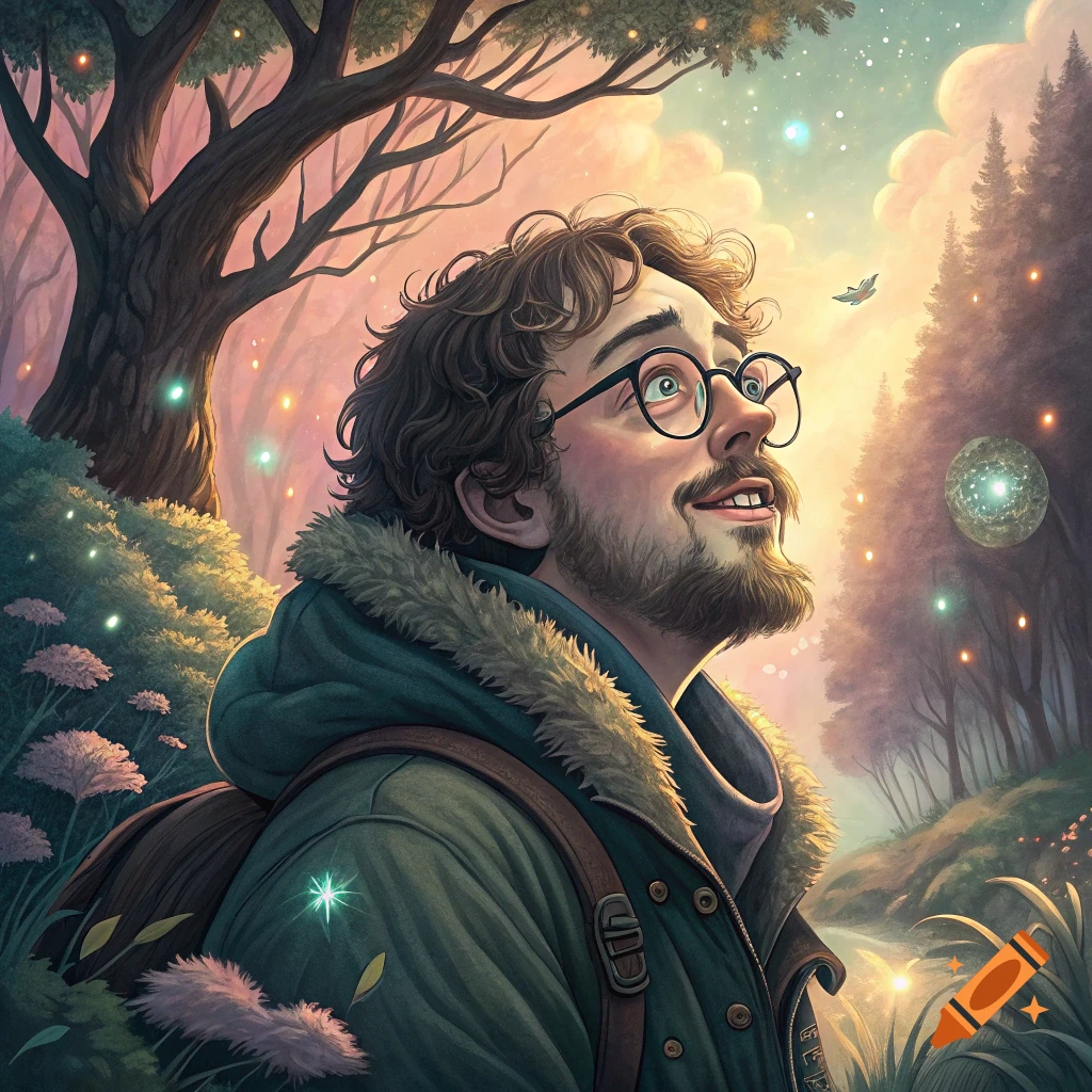 Man with glasses and beard looks up in a magical forest, Studio Ghibli style