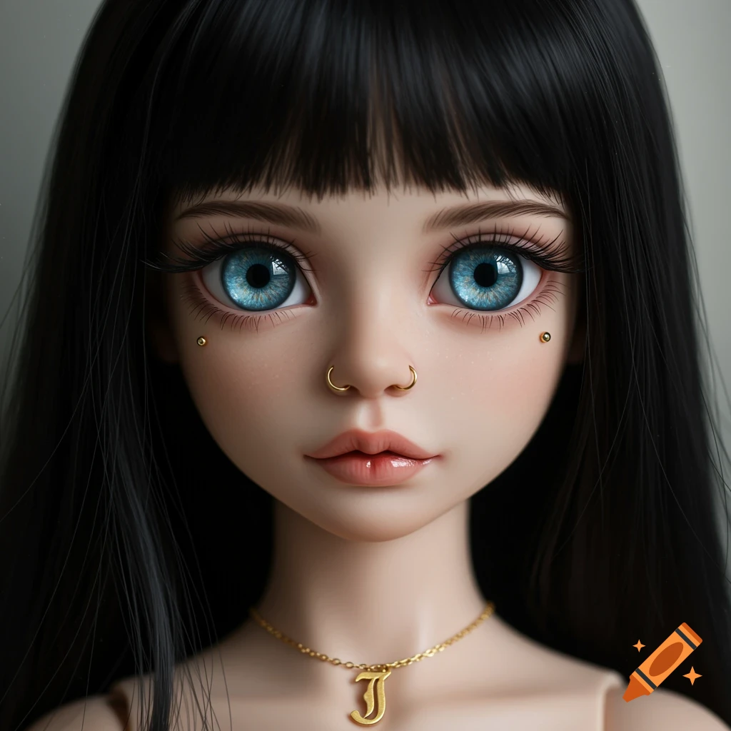 Close-up portrait of a doll with blue eyes, black hair, nose and cheek piercings, and a J necklace.