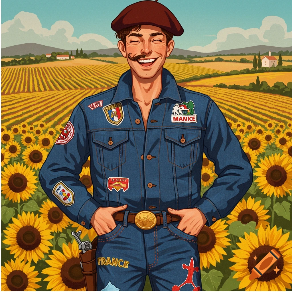 Illustrative portrait of a smiling man in a beret and denim jacket standing in a sunflower field.
