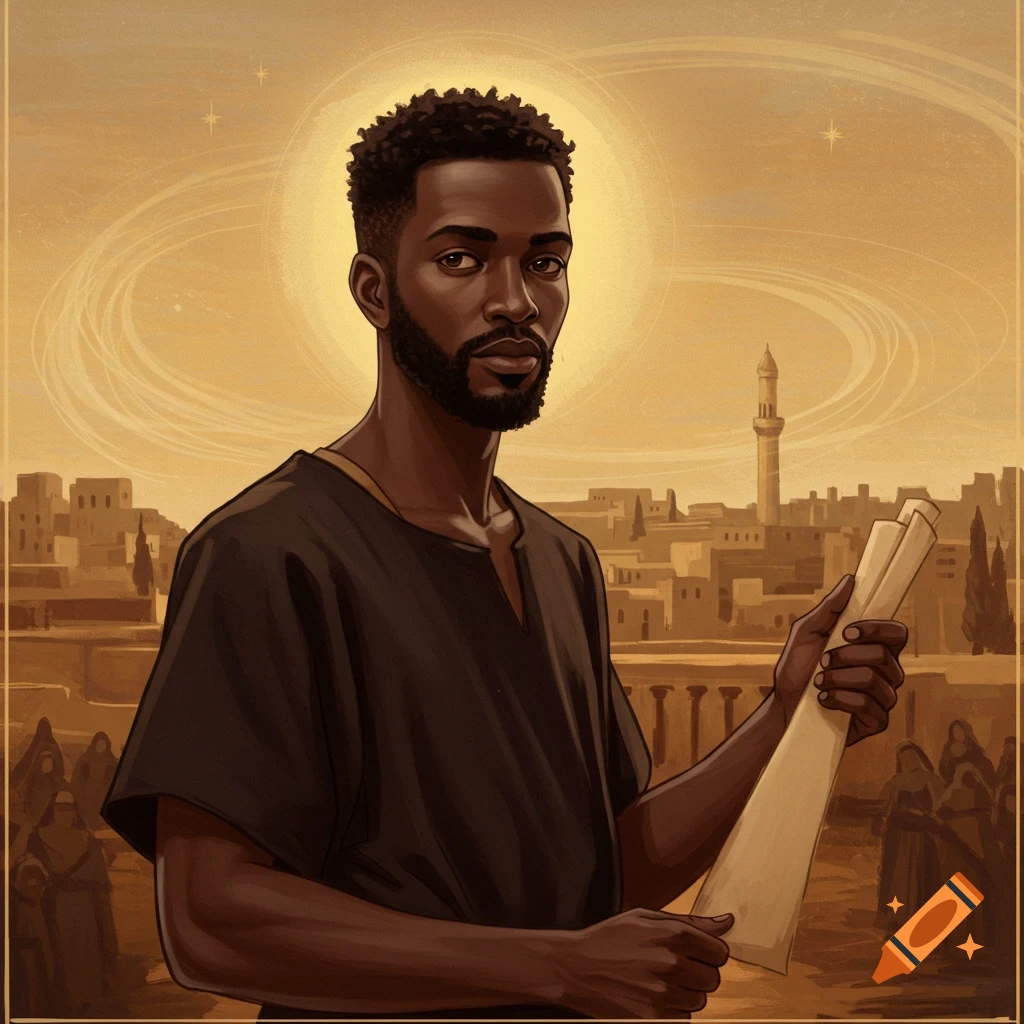 Illustration of a man in ancient clothing holding scrolls in front of a city landscape.
