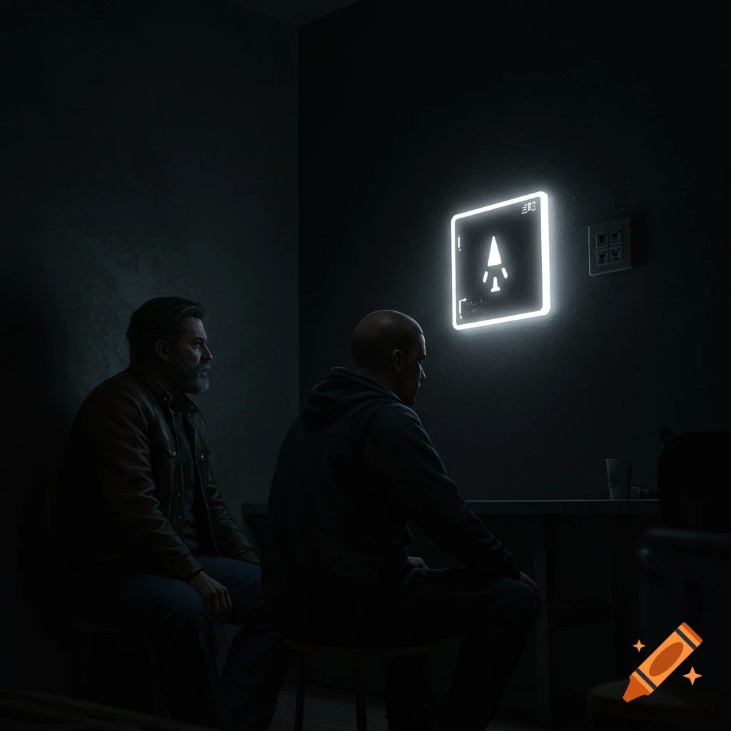 Two men sit in a dark room looking at a glowing screen with symbols.