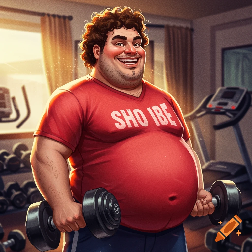 A cute cartoonish fat purple unicorn lifts a barbell in a pink and