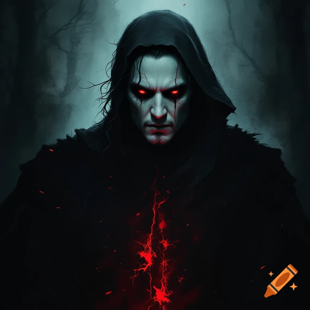 A hooded figure with glowing red eyes and red energy stands in a dark, misty forest.