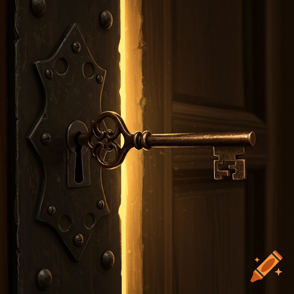 An ornate skeleton key in a lock plate on a dark door, with light spilling from the crack.