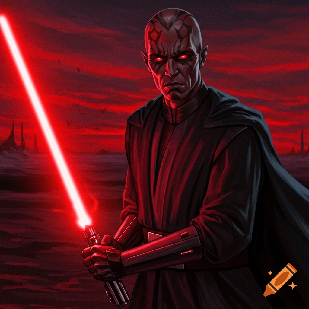 A character with red skin and markings is holding a red lightsaber against a red sky.